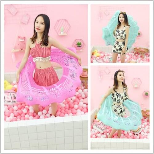 New 80cm/90cm/110cm Blue Pink Shell Swimming Ring With Colorful Glitters Inside Inflatable Pool Float Summer Party Toy Boia