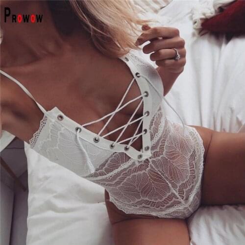 Prowow Women Bodysuits Sexy Bandage Flower Lace One Piece Romeprs for Woman Sleevelss Summer Female Top Clothes Night Club Wear