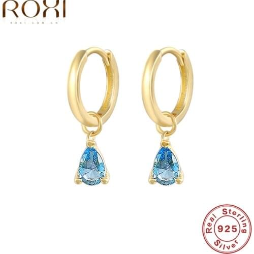 ROXI Blue Teardrop Crystals Huggie Earrings for Women Elegant Wedding Hoop Earrings 925 Sterling Silver Pendientes Plata 925 Ins