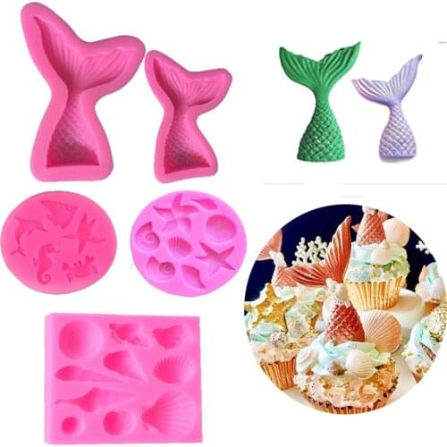 Mermaid Tail Silicone Cake Mold Marine Series Cake Liquid Silicone Fondant Mold Shell Conch Western Food Cake Decoration Mold