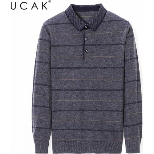 UCAK Brand Streetwear Striped Sweaters Mens Clothes Autumn Winter Turn-down Collar Sweater Pull Homme Pullover Clothing U1092
