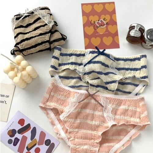 Japanese Vogue Navy Stripe Briefs Women Jacquard Weave Seamless Underwear For Women Lovely Bow Sexy Panties Lace Female Lingerie