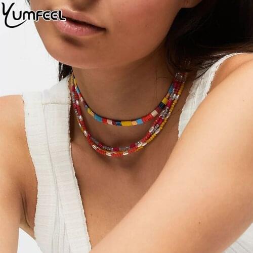 Yumfeel New Hand Made Seed Beads Boho Jewelry Imitation Pearl Crytal Necklace Women Chokers 6 Colors