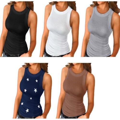 Women Summer Sleeveless Tank Top Solid Color Basic Slim Cami Shirt Ribbed Knit O-Neck Stretch Casual Racerback Blouse