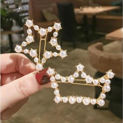 Ta055 Korean version Trendy simple pearl geometry Pentagram crown hairpin Womens jewelry accessories
