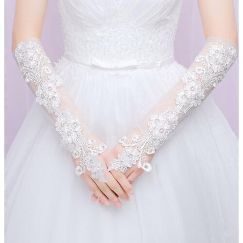 Ladies Embroidery Lace Gloves White Fingerless Bridal Gloves Women Elbow Length Prom Party Evening Dresses Wedding Gloves