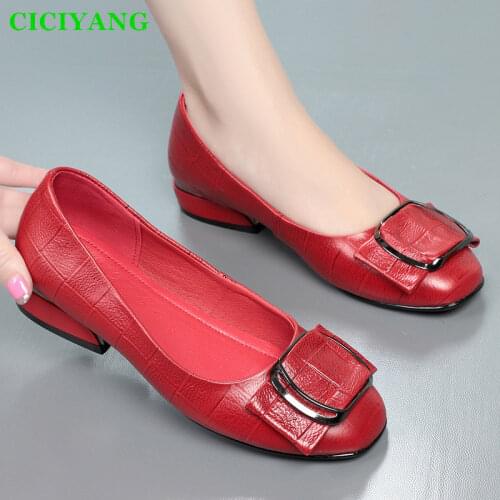 GIYU Plus Size Genuine Leather Female Single Shoes 35-43 Low-heeled Red Woman Pumps 2021 Spring New Black Casual Shoes