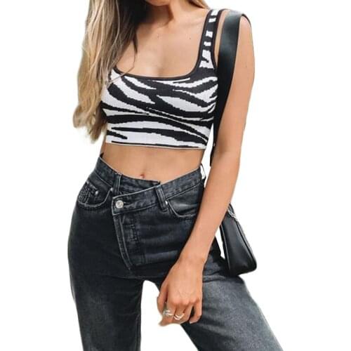 2021 Fashion Zebra Stripe Print Tank Top Women Sleeveless Square Collar Slim Fit Crop Top Streetwear Sexy Casual Knitted Camis