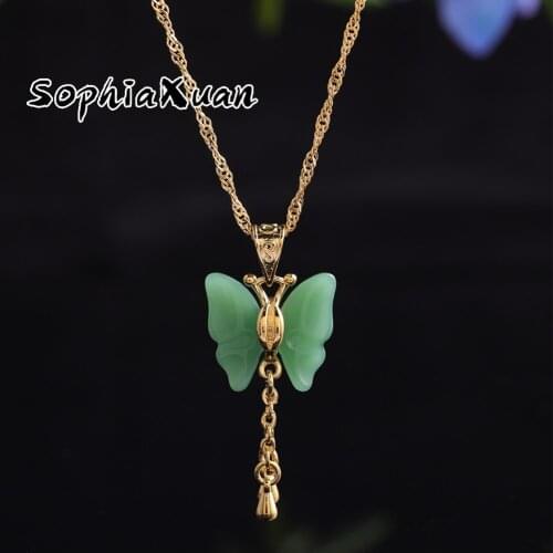 SophiaXuan The Butterfly Necklaces for Women Green White Charms Pendants China Style Jewelry Birthday Wedding Party Accessories