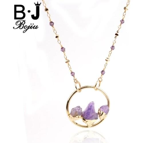 BOJIU Hill Natural Stone Pendant Necklace For Women Round Circle Silvery Cable Chain Lady Necklace Top Festival Gifts NKS107