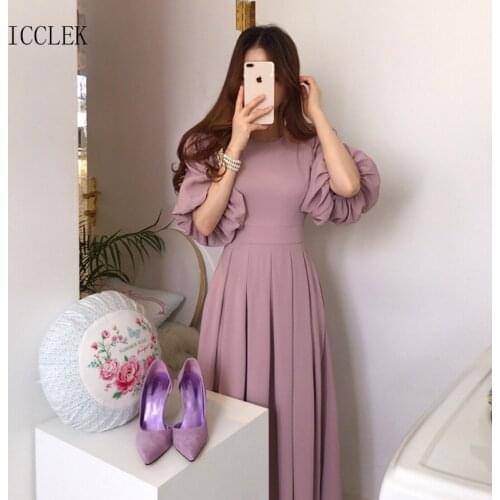 Womens Dress For Summer 2021 Korean Chic Round Neck Dress Elegant Tie Dress Lantern Sleeve Pleated Long Dress One-Piece Dress