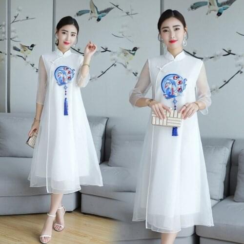 Robe Vintage Femme Retro Dress Chinese Style Embroidery Mandarin Collar Silk Qipao Dress Midi Elegant Dresses Summer 2019 AA4775