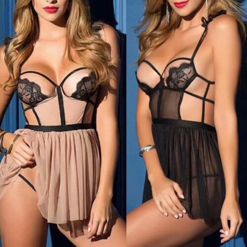 2020 Hot Sale Sexy Lingerie Women Backless Lace Babydoll G-String Open Cup Teddy Underwear See Through Sleepwear Thong Nightwear