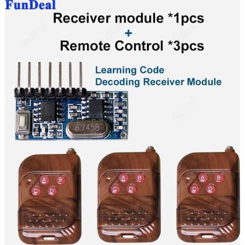 3pcs 433Mhz Remote Controls and 433 Mhz RF Wireless Receiver Learning Code Decoding Module 4 Channel output With Learning Button