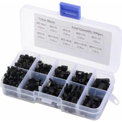 300 pcs 1 box (10 grid plastic box) M3 black hexagonal nylon spacer sleeve flat head nylon plastic spacer screw nut