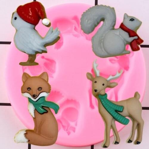 3D Bird Squirrel Fox Elk Cake Border Silicone Mold Cupcake Topper Fondant Mould Cake Decorating Tools Candy Clay Chocolate Molds
