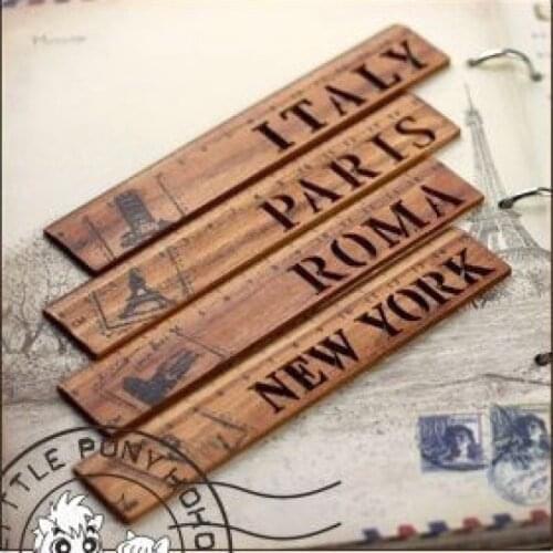 4patterns vintage wood ruler Italy Paris Roma New York words hollow-out famous city wooden craft