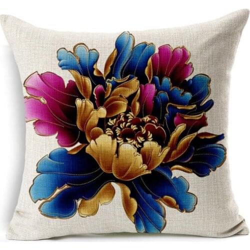 45*45cm Flower Hug Pillowcase Chinese Style Golden Hand-painted Peony Flower Rich Linen Sofa Pillowcase Car Window Cushion