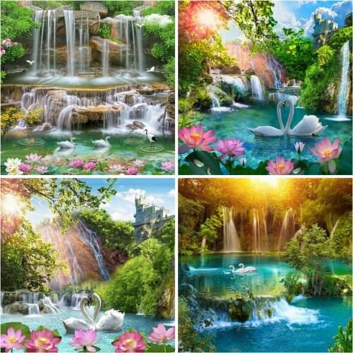 Huacan Diamond Embroidery Complete Kit Swan 5D Diamond Painting Waterfall Mosaic Landscape Picture Of Rhinestones Wall Art