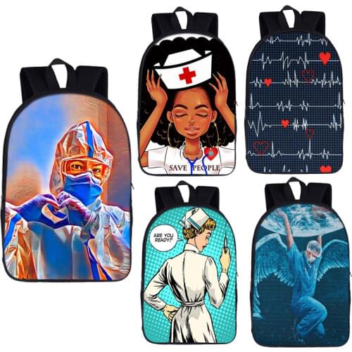 Great Black Nurse Backpack for Teenager Boys Girls School Bags Heartbeat Pattern Canvas Bag Men Travel Bag Student Bookbag