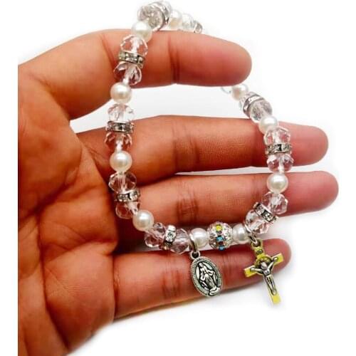 Catholic Christian Crystal Beads Crucifix Cross Saint Benedict Virgin Mary Rosaries Bracelets for Women Religious Jewelry