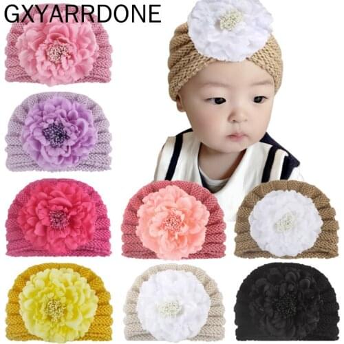 1PCS 2019 Winter Baby Beanie Big Flower Knitted Baby Hat Girls Newborn Baby Turban Hats Elastic Winter Cap For Kids