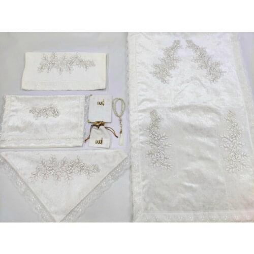 French Filet Lace 7 Piece Velvet Prayer Rug Team Bundle Set Cream