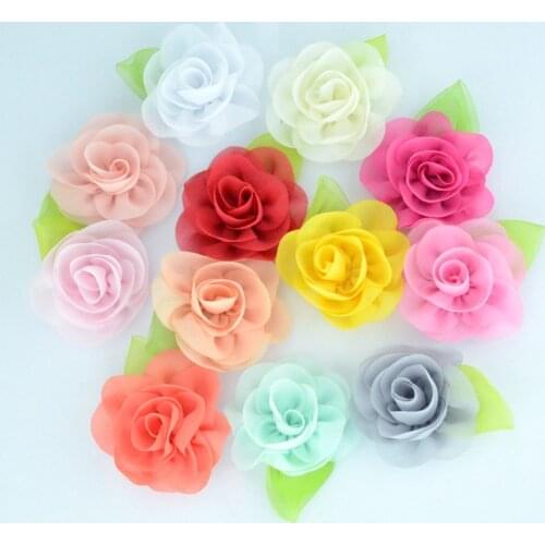Yundfly 10pcs Chic Chiffon Flower with Green Leaf Handmade Artifical Fabric Flowers DIY Newborn Headband Accessories