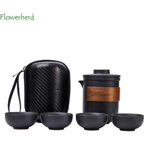 Ceramic Purcelain Kung Fu Tea Set Teaware Tea Pot and Cup Set Black Pottery Travel Tea Set Portable One Pot Four Cups Travel Bag