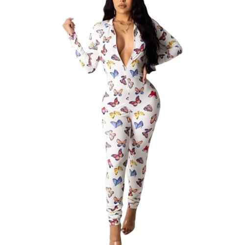 Butterfly Print Women Bodycon Bodysuit Jumpsuit Autumn Long Sleeve Sheath Jumpsuits Fashion Female Sleepwear Pajamas 2020 New