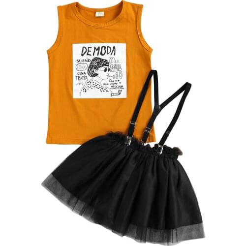 2Pcs Sweet Style Little Girls Outfit, Summer Creative Round Collar Cartoon Printing Sleeveless Top + Suspender Mesh Skirt Set