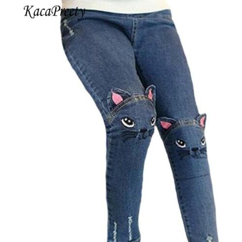 Girls legging autumn winter cartoon cat embroidery denim pants for kids cozy slim cowboy trousers children clothes
