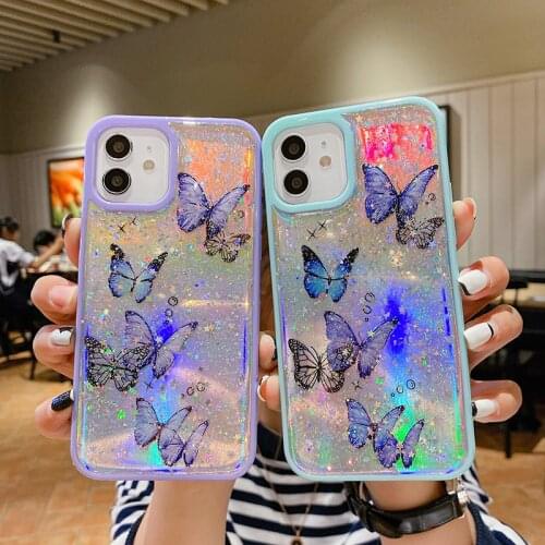 Cute Laser Card Butterfly Phone Case for IPhone 12 Mini 11 Pro Max XS Max XR X 7 8 Plus Pink Purple Glitter Soft Clear TPU Cover