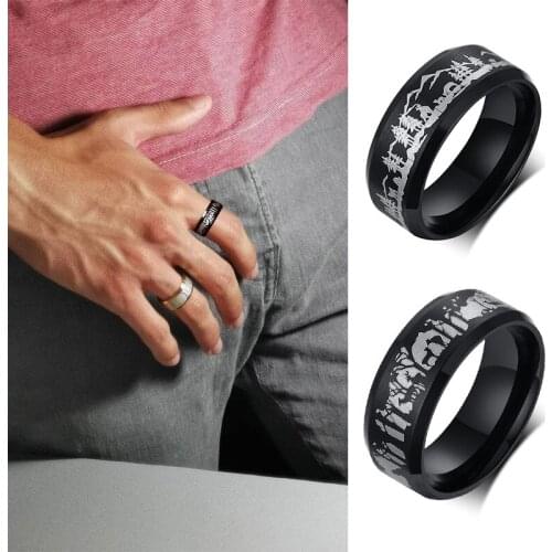 MEN BASIC ENGRAVED ANIMAL LANDSCAPE SCENE RING ROAMING DEER STAG WOLF STAINLESS STEEL WEDDING BAND - 8MM