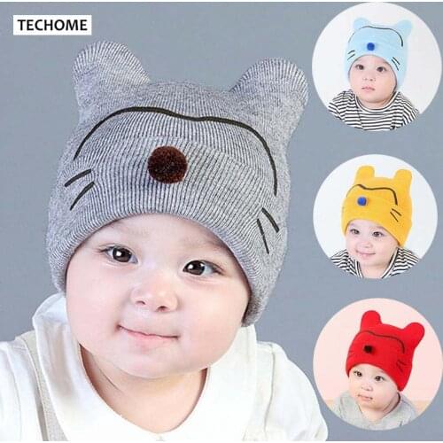 Autumn Winter Baby knitted Hat 0-12 Months Infant Cat Ear Toddle Cap Outdoor Warm Hats For Baby Girls Boys 6 Colors Beanie Caps