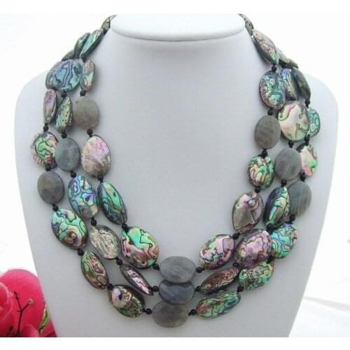3Strands Natural oval Paua Abalone Shell&Labradorite&Onyx Necklace handmade jewelry for women
