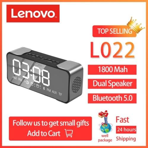Portable Lenovo Speaker L022 Bluetooth Dual Speakers LED Desktop Alarm Clock TF Card With AUX FM AM LoudSpeaker 1800mAH