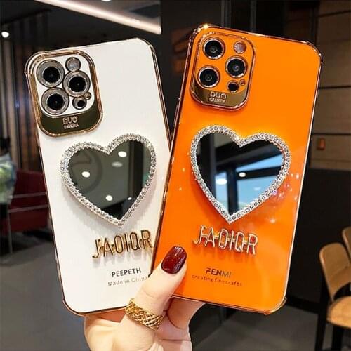 Luxury Brand Plating Love Heart Mirror Phone Cases For iPhone 11Pro 12 7 8 Plus XR Fashion Girl Diamond Crystal Soft Phone Cover