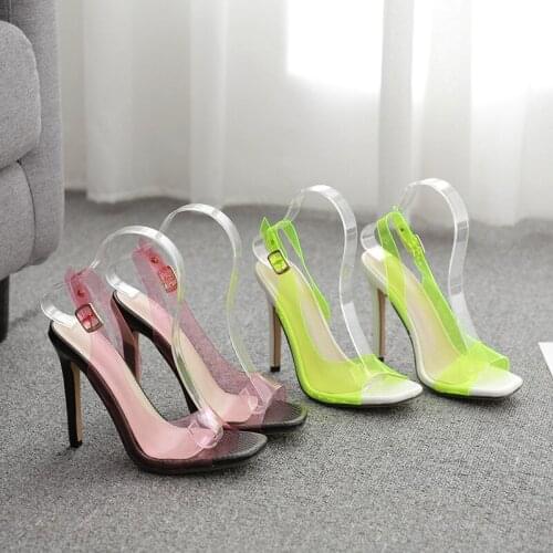 Women sandals PVC Buckle Strap 11cm Thin Heels High heels Round Toe women shoes sandalias mujer 2020 size 35-42 green Rose Red