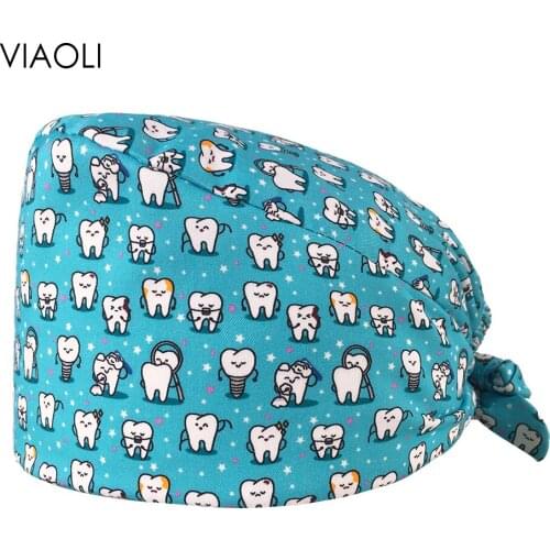 New Unisex cartoon tooth printing work wear lab dustproof work hats scrubs cap adjustable pet grooming work caps women wholesale