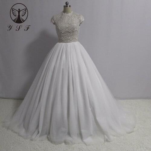 Vintage Vestidos De Novias O Neck Beaded Pearls Lace Short Sleeve Keyhole Back Puffy Wedding Dresses