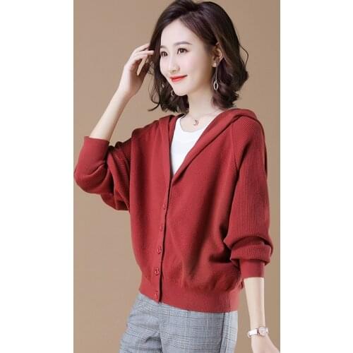 Knitted sweater cardigan womens short spring 2020 new outer bat sleeve V-neck Hooded single-breasted plus size sweaters D310