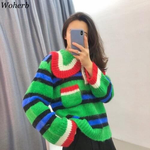 Woherb Korean Chic Striped Green Mohair Sweater 2021 Autumn Winter Women Lapel Long Sleeve Loose Jumper Casual Pullovers