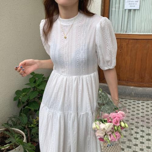 Korobov Korean Chic Sweet Lace Summer Dress Vintage Eleagnt O Neck Puff Short Sleeve Dresses Sexy Backless Hollow Out Dress