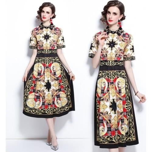 Womens Turn Down Collar Short Sleeve Plaid Golden Print Slim Fit Vintage Celebrity Dress Fashion Designer Summer Dress 8405