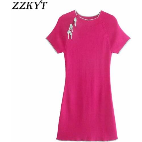 ZZKYT 2021 Women Summer Fashion Solid Knitted Mini Dress Vintage O-Neck Short Sleeve Bow Tie Female Slim Party Dresses Vestidos