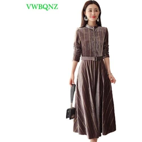 Gold velvet Dress Womens clothing Spring High quality Thin Over the knee Long Base Dress Women Striped Plus size Dress 4XL A13