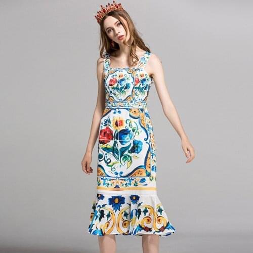 Celebrity 017 new womens summer sleeveless round neck sling Sicily printed fishtail slim dress