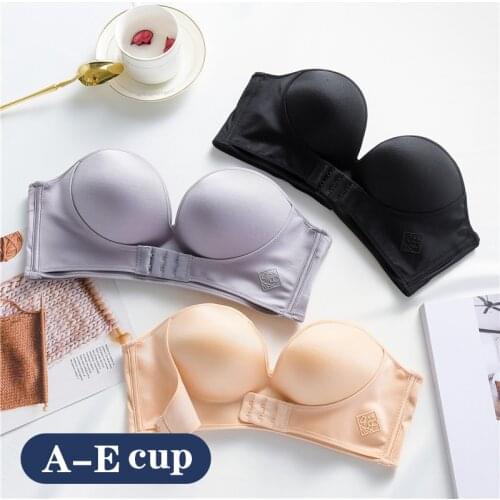 2pcs Women Sexy Strapless Plus Size Invisible Bra Push Up Front Closure Bralette Underwear Lingerie Seamless Brassiere DE Cup