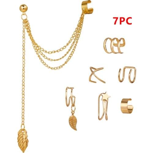 7Pcs Fashion Golden Star Leaf Pendants Non-Perforated Ear Clips Womens Simple Fake Cartilage Earmuffs Jewelry Clip Accessories